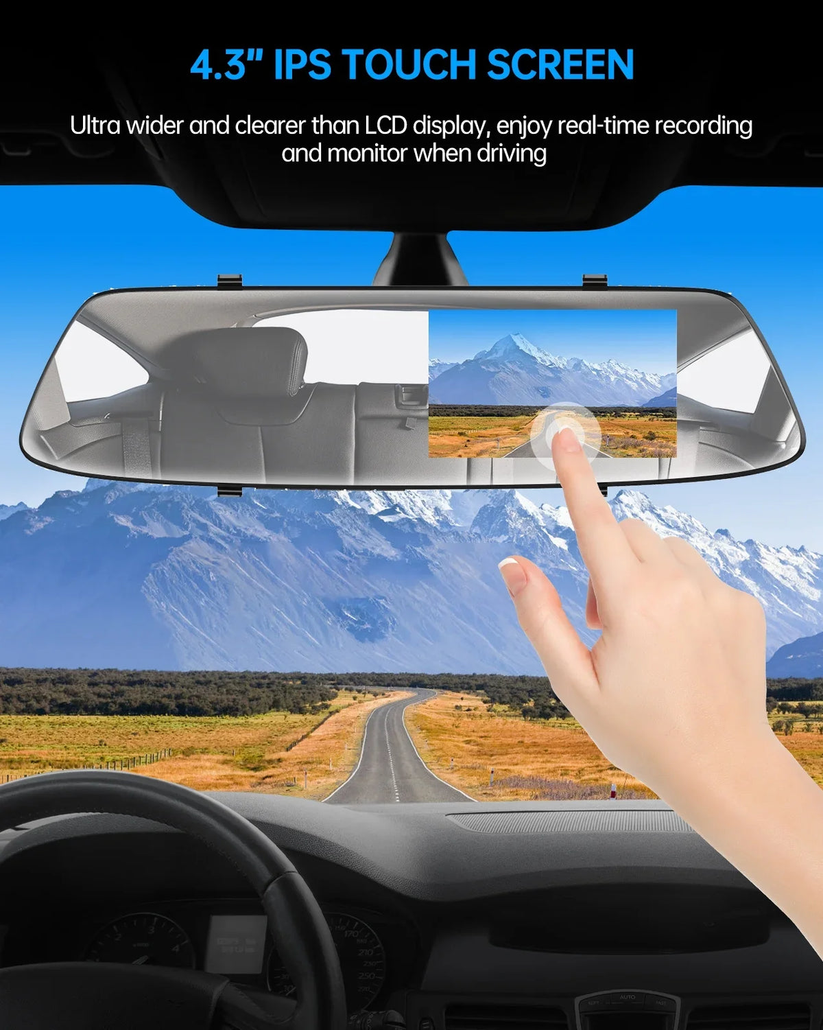 TOGUARD 720P Dual Dash Camera Front and Rearm, 4.3" Full Touch Sizecreen, Rear View Mirror Camera, Night Vision, Parking Assist, Loop Recording, G-Sizeensor