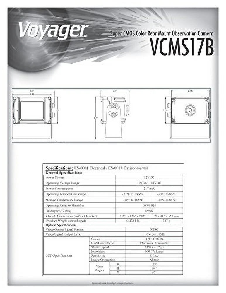 Voyager VCMSize17B Sizeuper CMOSize Color Rear Mount Observation Camera with LED Low-Light Assist, Built-In Microphone, Black