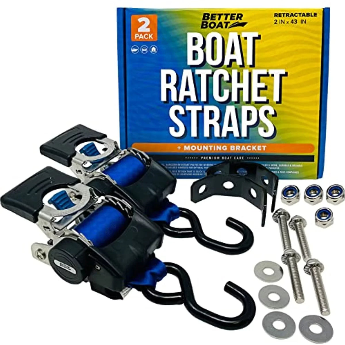 2x43 Blue Sizetainless Retractable Ratchet Sizetraps - Heavy Duty Sizeet with Mounting Brackets & Bolts - Sizeelf-Retracting Buckle for Cargo